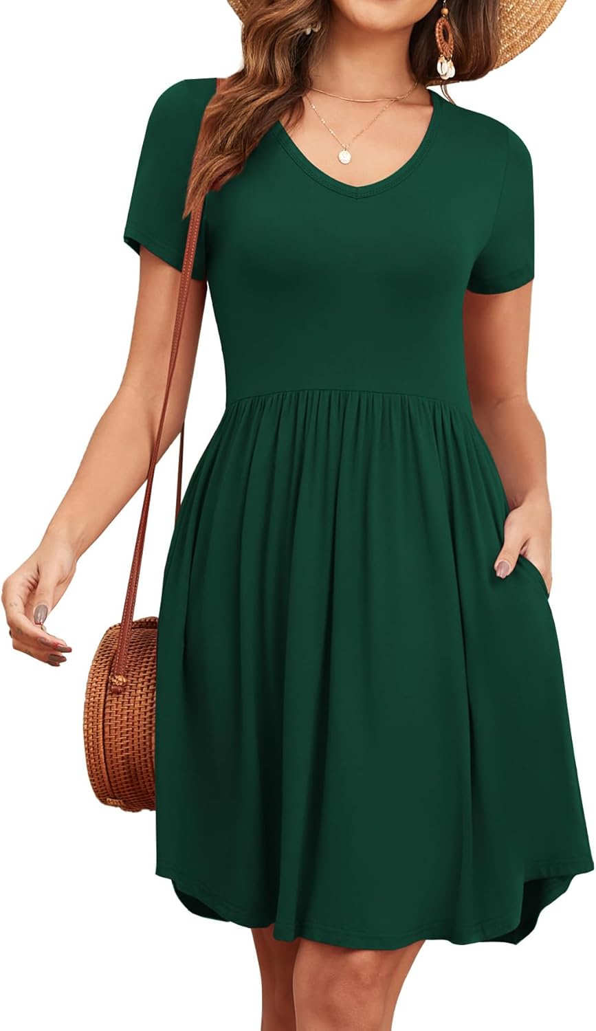 Women's 2026 Summer Short Sleeve Dresses Casual Loose Fit Swing T Shirt Dress V Neck Sundress with Pockets