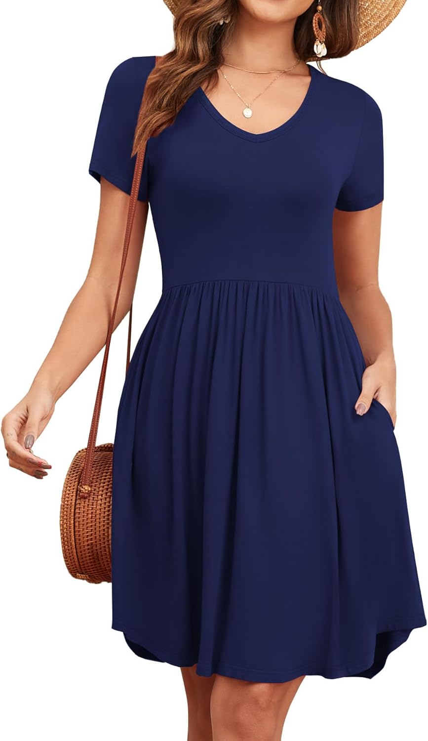 Women's 2026 Summer Short Sleeve Dresses Casual Loose Fit Swing T Shirt Dress V Neck Sundress with Pockets