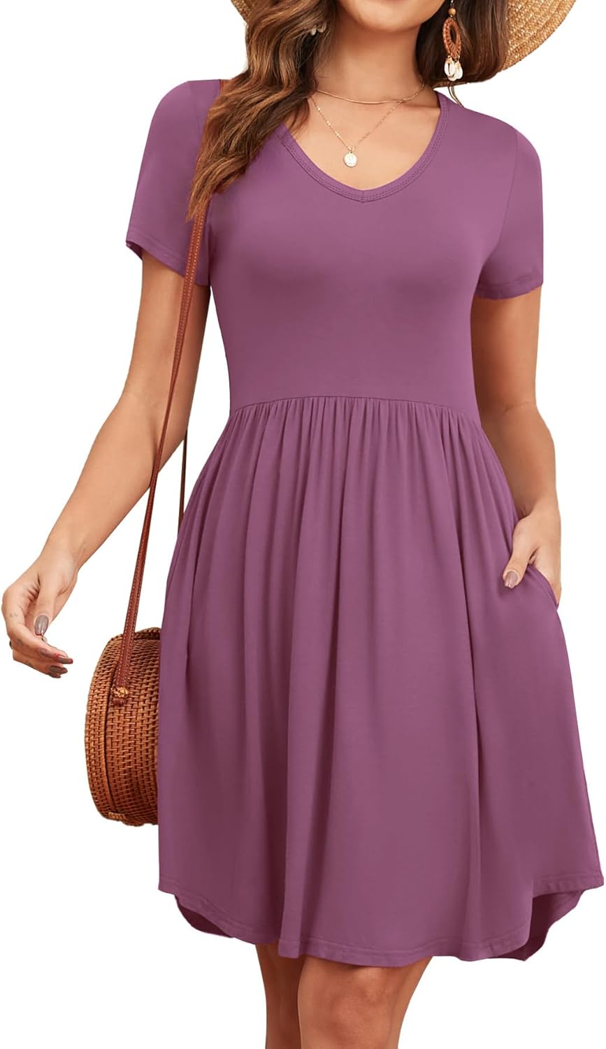 Women's 2026 Summer Short Sleeve Dresses Casual Loose Fit Swing T Shirt Dress V Neck Sundress with Pockets