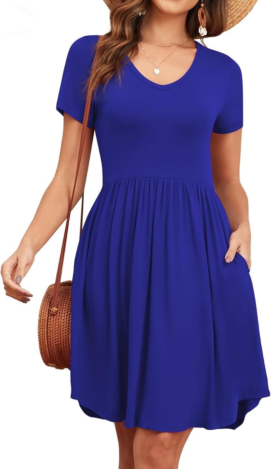 Women's 2026 Summer Short Sleeve Dresses Casual Loose Fit Swing T Shirt Dress V Neck Sundress with Pockets