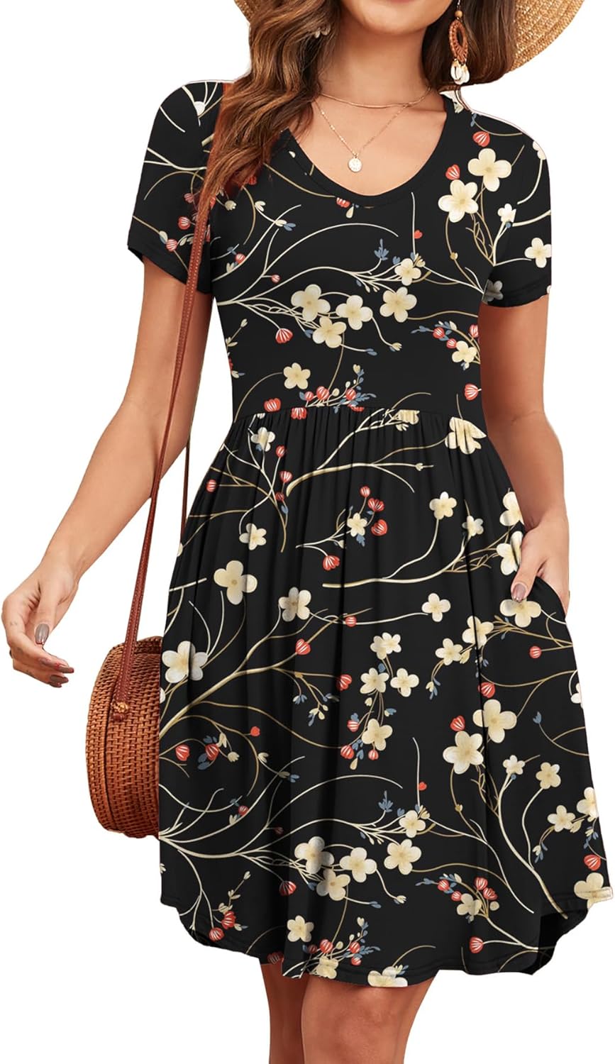 Women's 2026 Summer Short Sleeve Dresses Casual Loose Fit Swing T Shirt Dress V Neck Sundress with Pockets