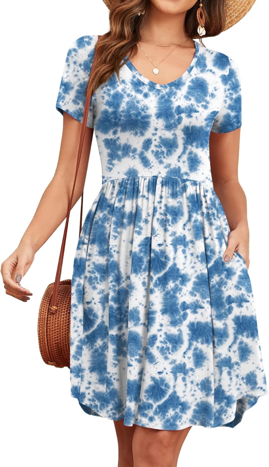 Women's 2026 Summer Short Sleeve Dresses Casual Loose Fit Swing T Shirt Dress V Neck Sundress with Pockets