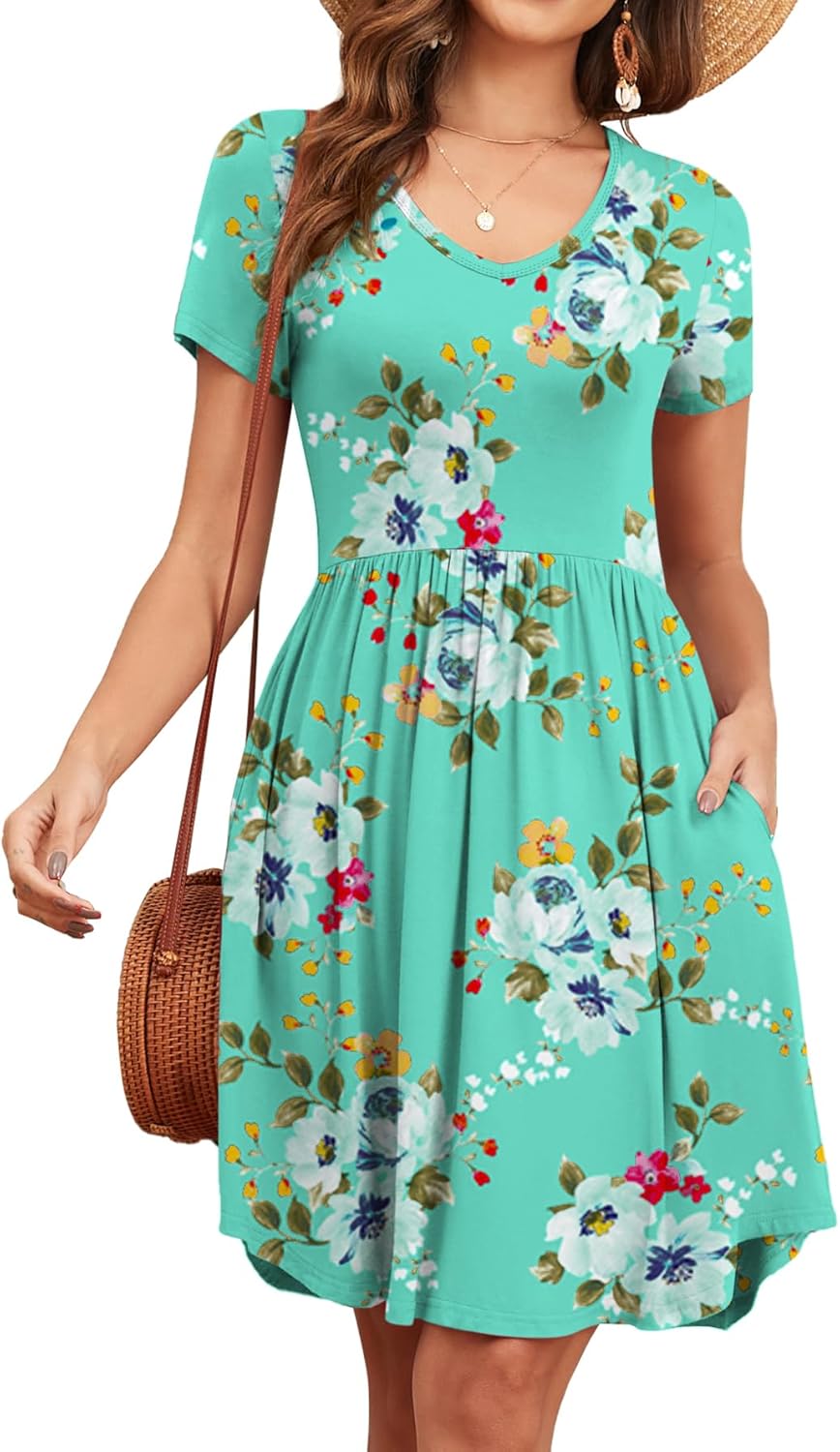 Women's 2026 Summer Short Sleeve Dresses Casual Loose Fit Swing T Shirt Dress V Neck Sundress with Pockets