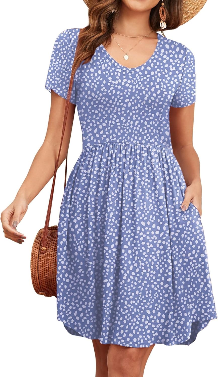 Women's 2026 Summer Short Sleeve Dresses Casual Loose Fit Swing T Shirt Dress V Neck Sundress with Pockets