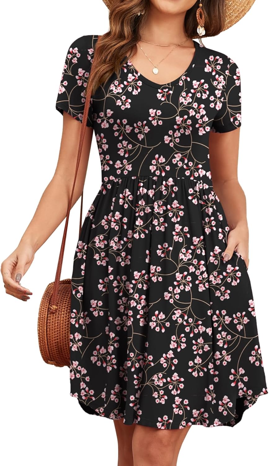 Women's 2026 Summer Short Sleeve Dresses Casual Loose Fit Swing T Shirt Dress V Neck Sundress with Pockets
