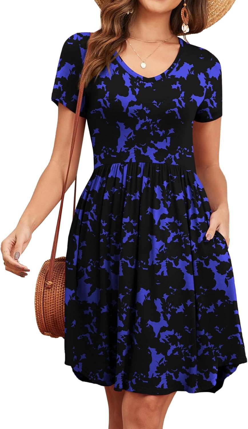 Women's 2026 Summer Short Sleeve Dresses Casual Loose Fit Swing T Shirt Dress V Neck Sundress with Pockets