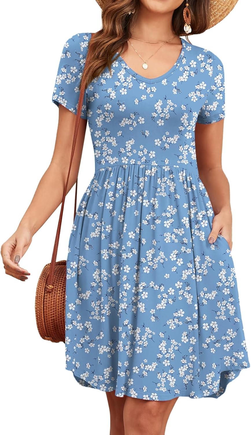 Women's 2026 Summer Short Sleeve Dresses Casual Loose Fit Swing T Shirt Dress V Neck Sundress with Pockets