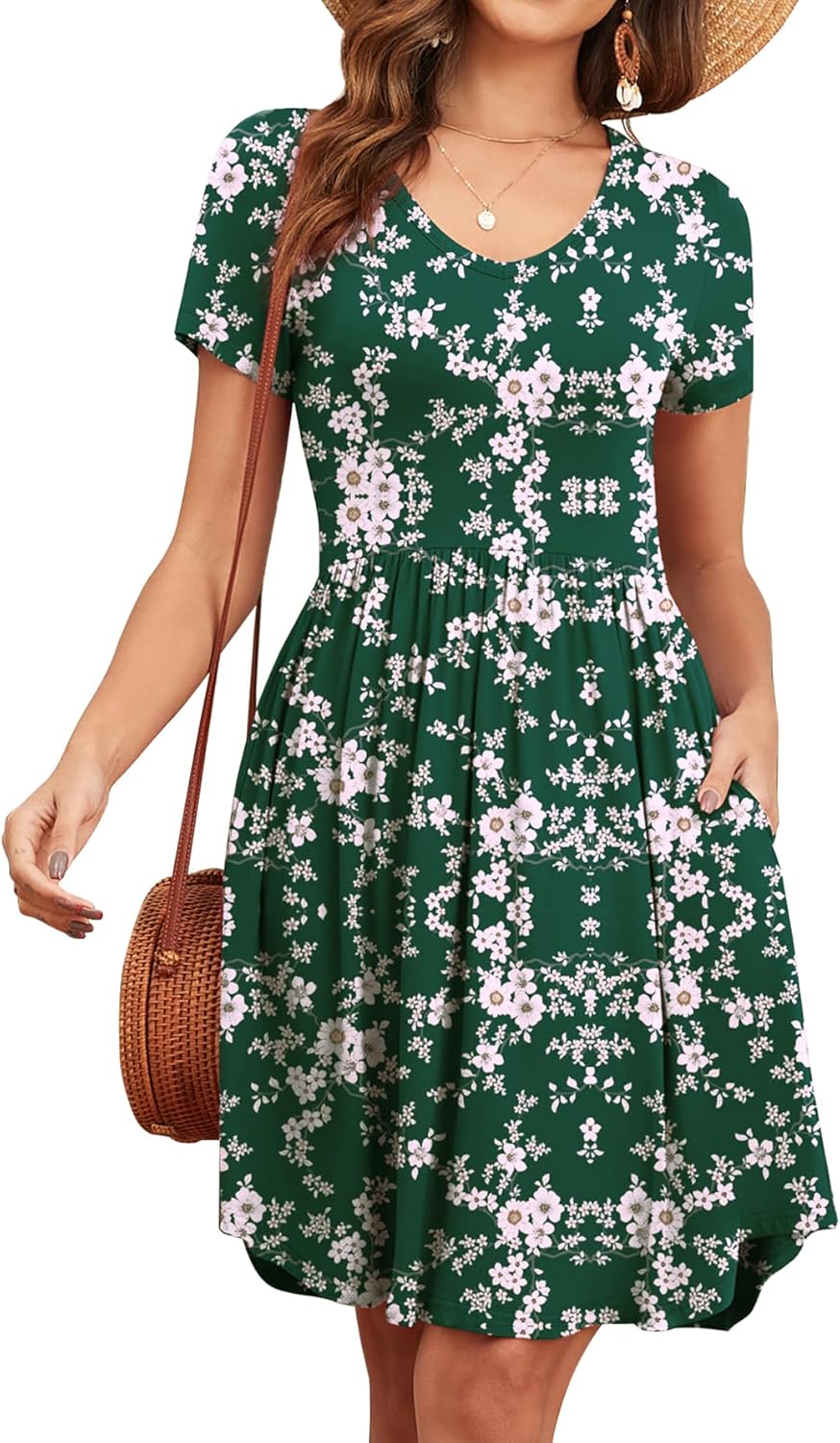 Women's 2026 Summer Short Sleeve Dresses Casual Loose Fit Swing T Shirt Dress V Neck Sundress with Pockets