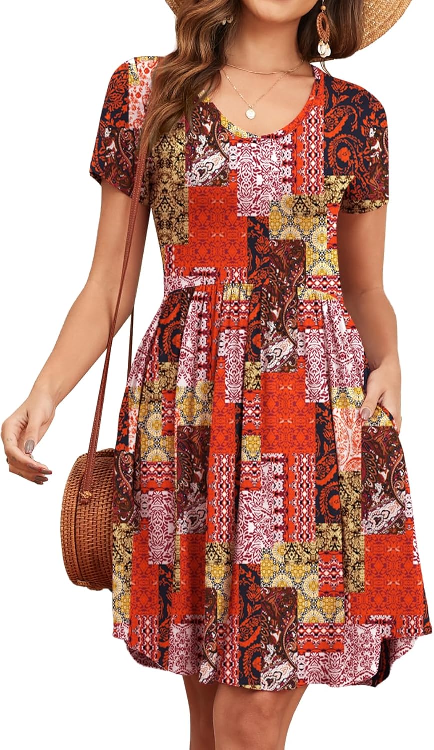 Women's 2026 Summer Short Sleeve Dresses Casual Loose Fit Swing T Shirt Dress V Neck Sundress with Pockets